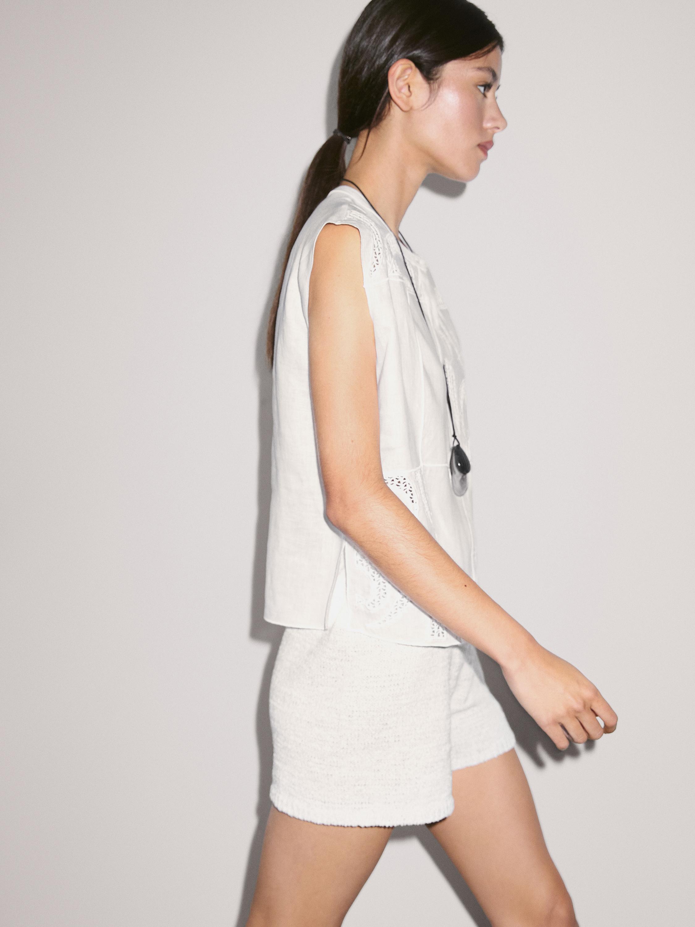 Linen blend crochet detail blouse